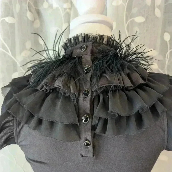 Twelve by Twelve Black Sleeveless Mock Turtle Neck with Ruffles and Feathers, S - Picture 5 of 8